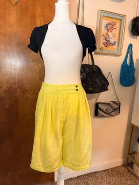 Y2K Silk Road 100% Silk Neon Yellow High Rise Bermuda Shorts